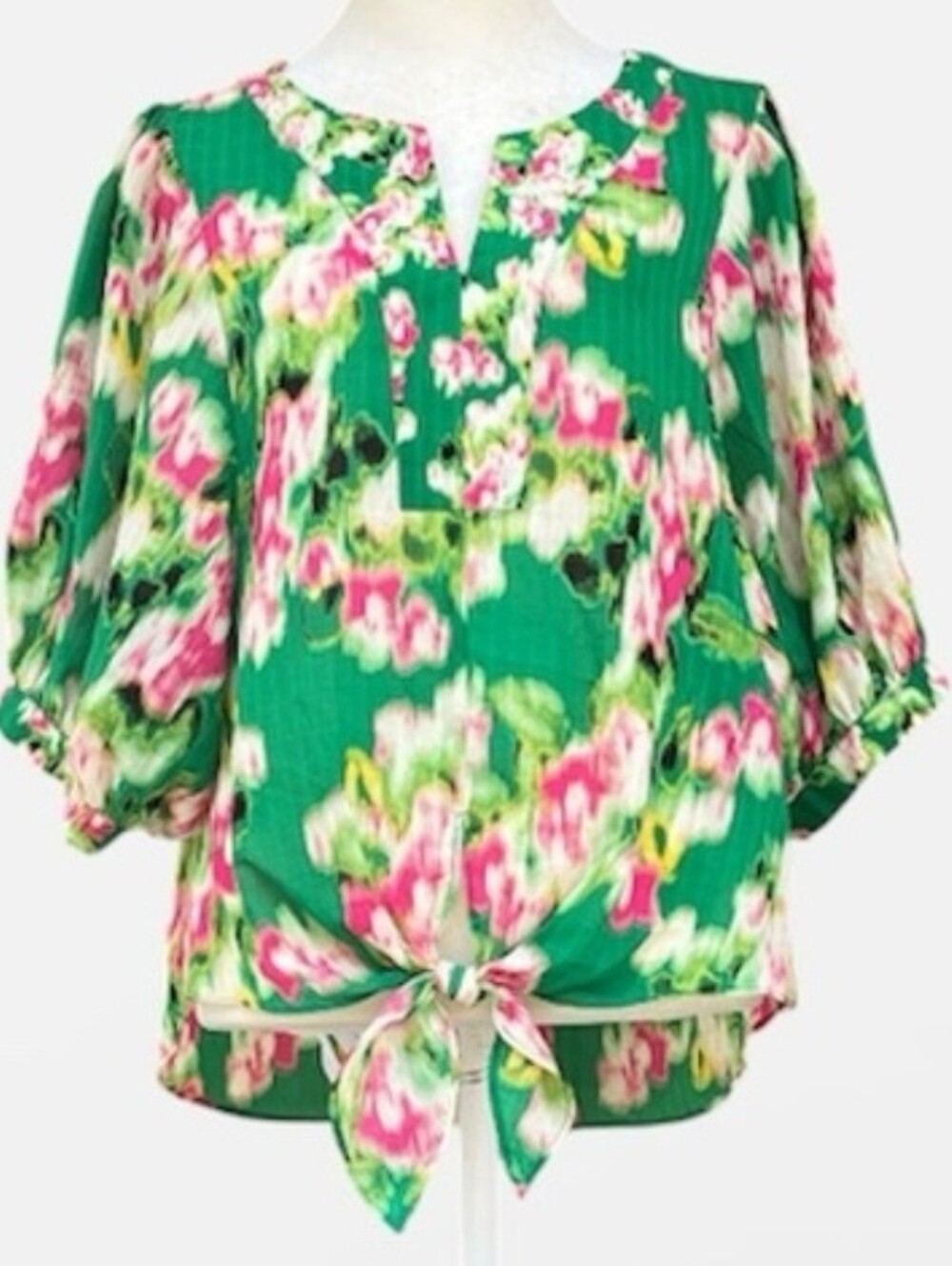 Rose & Olive Green Floral Tie-Front Blouse Size Large